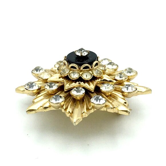 MID-CENTURY sunburst brooch - gold-tone rhinestone & onyx pin heavy layered dome - Picture 3 of 8